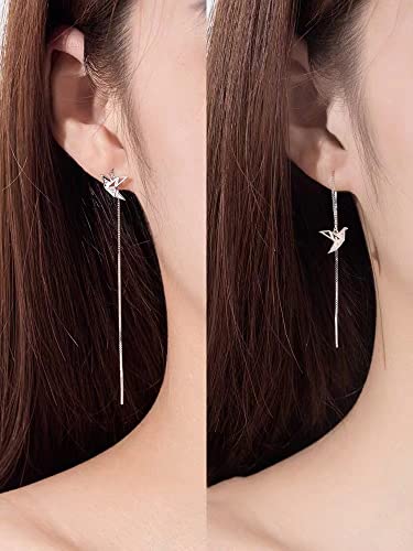 Origami Paper Crane Dangle Drop Earrings Sterling Silver Good Luck Cute Tassel Threader Long Chain Ear Line Stud Earring Minimalist Jewelry Gifts Hypoallergenic For Women Girls (White Gold) #TOP1