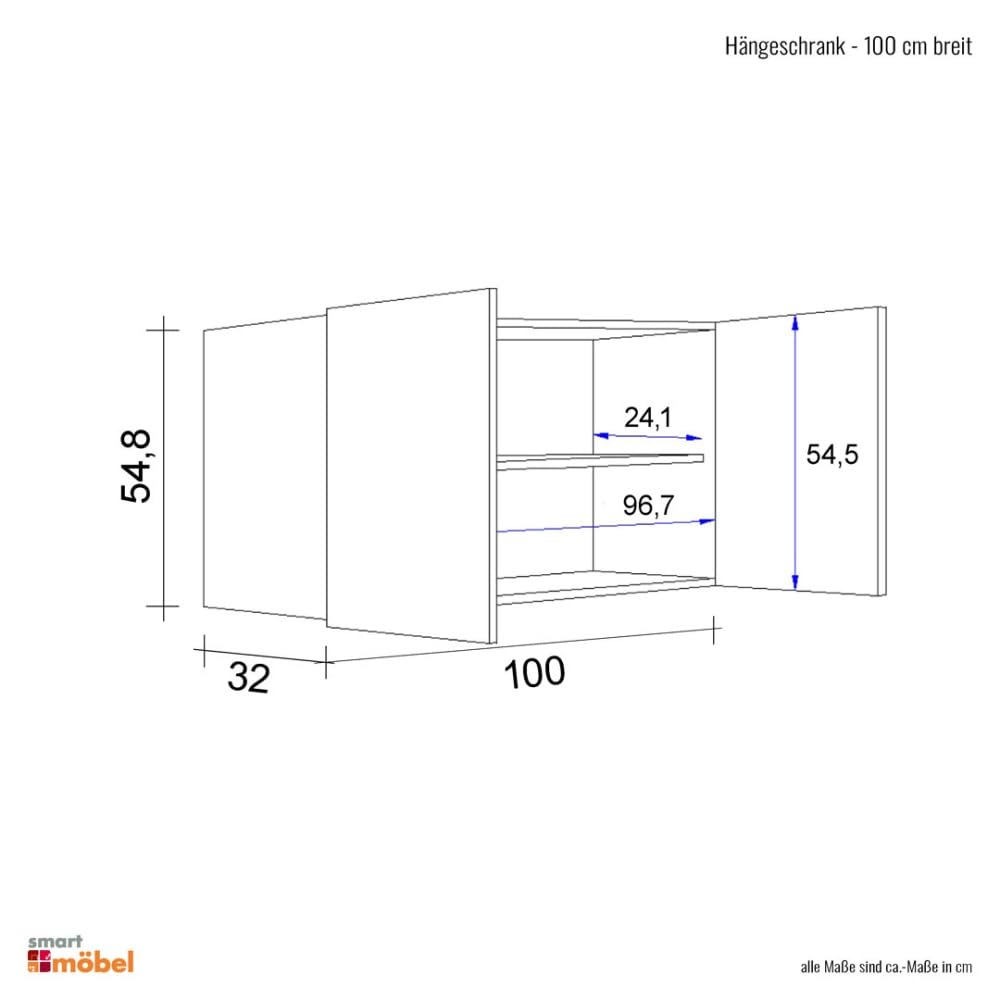 Witus Küchen Hängeschrank 100 cm in Weiß – Wandschrank mit 2 Türen und Einlegeboden