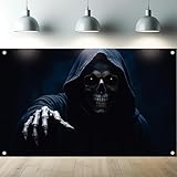 Starlit Patio Halloween Grim Reaper Backdrop 71 X 43 Inch Scary Skeleton with Glowing Eyes for Haunted House Decorations Horror Party Supplies Indoor Outdoor Halloween Wall Scene