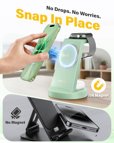 Image of 3 in 1 Fast Charging Station for iPhone, 25W Wireless Magnetic Phone Charger for iPhone 17 16e 16 15 14 13 12 Serise, Watch Charger Stand, Wireless Charging Station for AirPods 4 3 Pro, Green