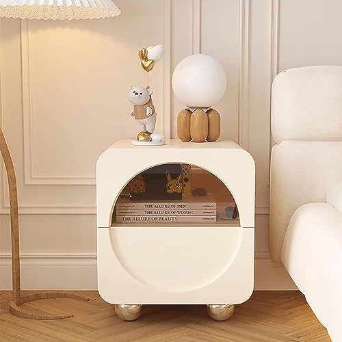 Mesita de noche moderna de cuero con parte superior de cristal verde azulado minimalista para dormitorio o sala de estar (blanco roto 50 x 40 x 48 cm)