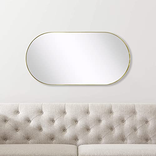Image of TEHOME Brushed Gold Oval Bathroom Mirror 20x40'' Pill Shaped Oblong Vanity Mirror Metal Framed Capsule Mirror for Wall in Stainless Steel Rounded Mirrors for Wall Mounted