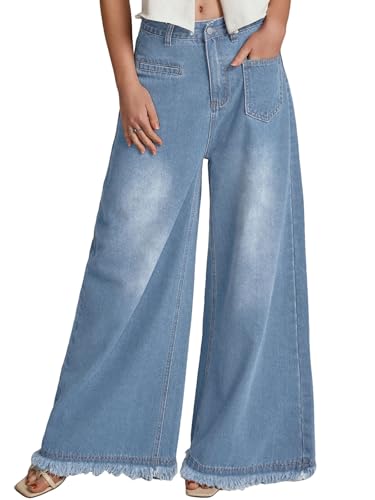 CHARTOU Baggy Wide Leg Jeans Woman Mid Rise Frayed Flare Jeans Boyfriend Stretchy Denim Pants
