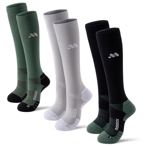 musesox Compression Socks for Women and Men,Knee High 15-20mmHg Graduated Support(3 Pairs) for Nurses,Travel,Black Gray Green,Medium