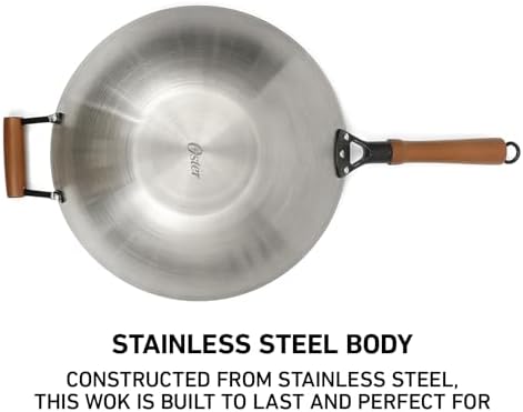Oster Sangerfield 14-Inch Stainless Steel Wok With Wood Handles, Durable Non-Stick Stir Fry Pan for Gas and Electric Stovetops - Thumbnail 3