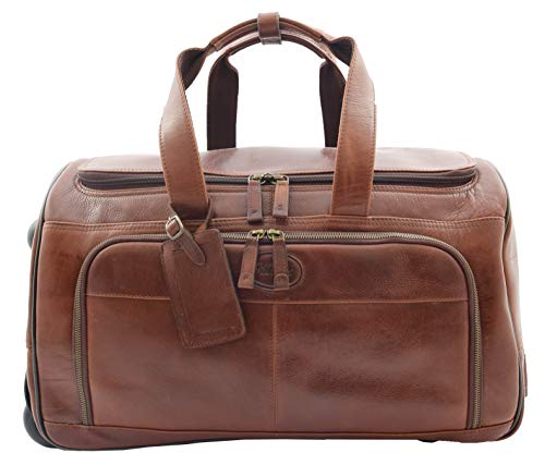 Sac weekend en cuir véritable à roues marron chic