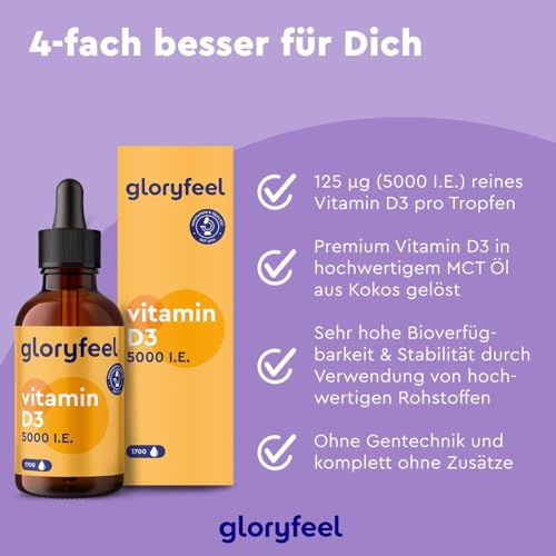Vitamin D3 5000 I.E. pro Tropfen, Hochdosiert - 50ml (flüssig) in MCT-Öl aus Kokos - Vitamin D3 Tropfen hoch bioverfügbar und stabil - Laborgeprüft, ohne Zusätze in Deutschland hergestellt