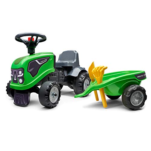 Falk Deutz-FAHR - Portador de Tractor con Remolque, a Partir de 12 Meses, Fabricado en Francia, Pala y rastrillo incluidos, 2 Estilos de personalización, Placa de matrícula Personalizable, 230 C