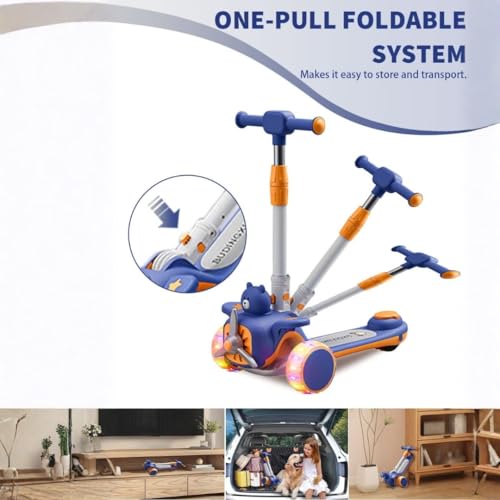 Image of 2-in-1 Modernistic Kick Scooter for 3-10 Years Old Kids | 3-Level Height Adjustable Handlebar | Music & PU LED Flashing Wheels | Foldable and Lightweight (KS-213 Blue /Orange)