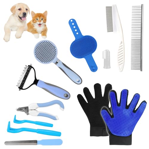 Hundebürste,12-Teiliges Haustierpflege Set -Hundebürste Unterwolle, Nagelknipser mit Feile, Flohkamm, Katzenkamm, Werkzeuge zur Haustierpflege