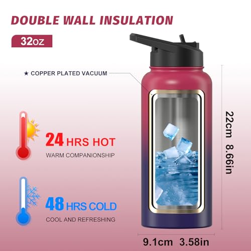 Image of 32oz Insulated Water Bottle (Cold for 48 Hrs),BPA Free&Leak Proof,Stainless Steel Water Flask,Water Jug with Straw Spout Lids for Gym,Hiking,Travel,Red Purple