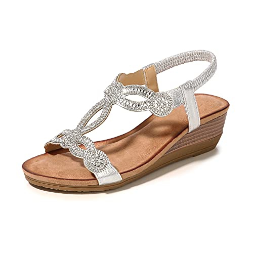 Meeshine Women's Wedge Sandals Summer Comfortable Casual Bohemian Beach Rhinestone Platform Shoes