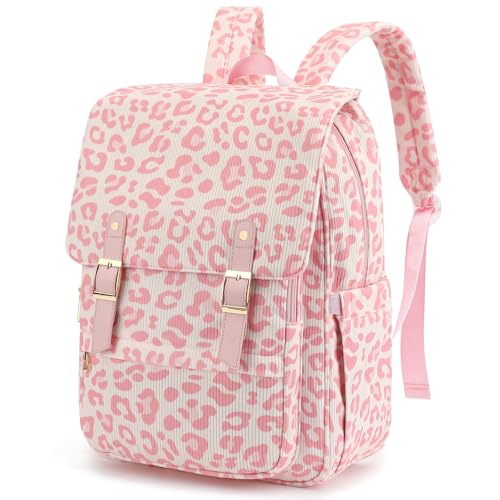 Lroiutian Women Laptop Backpack, Corduroy 15.6" Travel Backpack for Work College Business, Teacher Nurse Bag with Large Capacity School Bookbag Bags for Girls - Leopard Pink