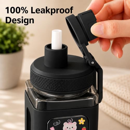 Image of Kawaii Water Bottle for Girls with Straw & Movable Handle | Cute Plastic Bottle with 2D & 3D Stickers | Stylish School & Travel Bottle for Kids (750 ml) (Black)