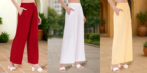 Image of Buy That Trendz Palazzo Pants for Women Rayon Elasticated Regular Fit Flared Wide Leg M to 6XL Pack of 3