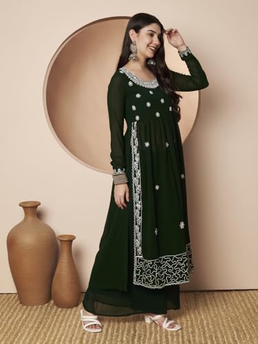 Image of PH POSHAKHUB Women A-Line Nyra Cut Kurta with Sharara in Georgette with Aari Work