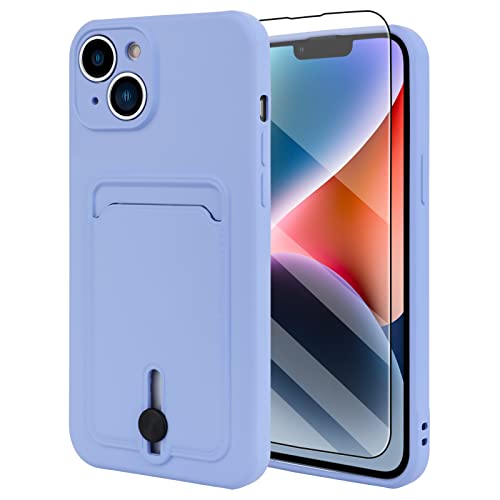 MZELQ TPU Wallet iPhone 14 Case, Card Holder Camera Protection Cover + Screen Protector, Push-able Card Slot Case Compatible with iPhone 14 Phone Case Girls Women -Purple
