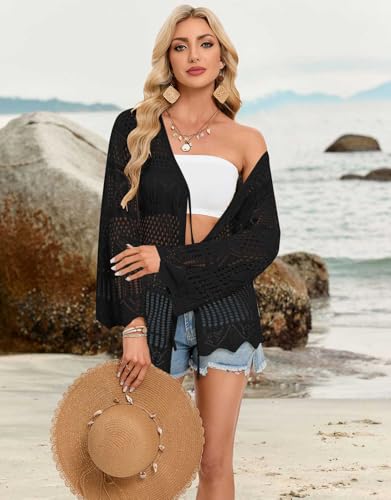 shermie Women's Long Sleeve Kimono Cover Up Summer Beach Tie Front Crochet Cardigan Black — view 2