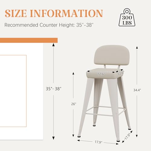 Image of Yongchuang 26 inch Bar Stools with Backs Set of 2 PU Leather Modern Counter Height Stools Upholstered Metal Kitchen Island Bar Chairs Grayish White