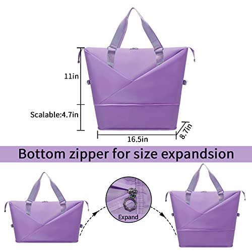 Folding Travel Duffel Bag for Women, Large Capacity Weekender Bag, Waterproof Dry and Wet Separation Sports Gym Bag, Portable Expand Carry On Overnight Tote Bags for Women (Purple)3