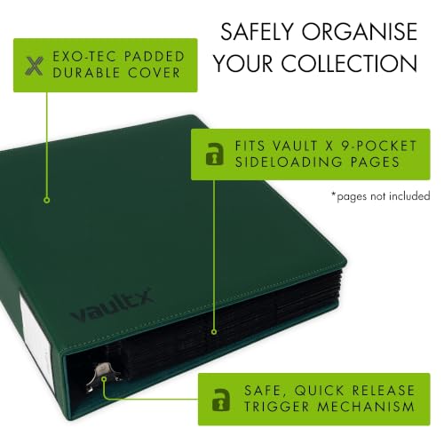 Image of Vault X Premium Exo-Tec 3 Ring TCG Binder for 9 Pocket Trading Card Pages - 50+ Page Capacity Easy Open 3 D-Ring Clip Binder for TCG CCG Photo Cards (Large, Green)