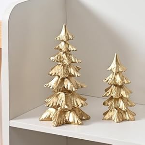 Gold Christmas Tree Figurines, Small Resin Christmas Trees Home Decor, Tabletop Tree Set of 2, Decorative Xmas Trees for Christmas Decorations Indoor Mantle Centerpieces