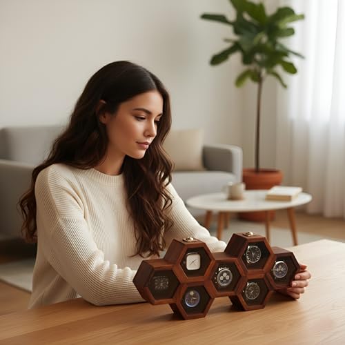 Image of Vintage Wooden Watch Box for Men, Timepiece Display Case, Honeycomb Watch Storage & Organizer, Jewlery Box for Women, Anniversary Gift For Husband (7 Compartments (Other Design))