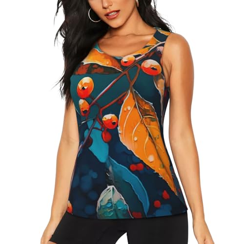 Fall Leaves Oil Painted. Nature Autumn Foliage Workout Tops for Women Athletic Running Yoga Tank Tops Sleeveless Shirts Large