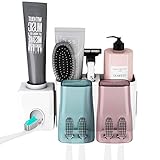 E-ROOM TREND 3 in 1 Toothbrush Holder Wall Mounted with Toothpaste Dispender Stick by Adhesive with 2 Cups Set with Stainless Steel Bottom for Home Dormitory Bathroom Use