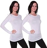 Active Basic Athletic Fitted Plain Long Sleeves Round Crew Neck T Shirt Top 2 Pack - White, White La