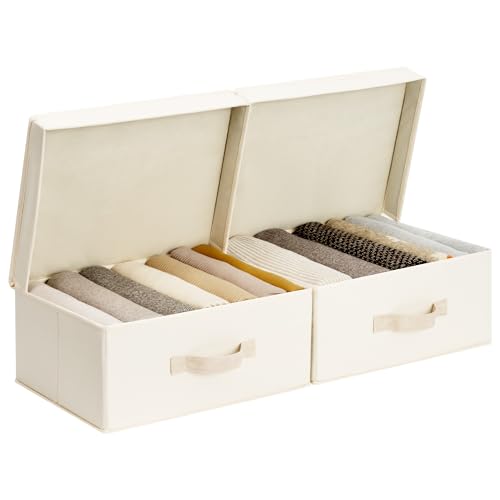 Image of StorageWorks Storage Bins with Lid, Decorative Fabric Storage Bins with Handles, Stackable Closet Organizers for Shelves and Bedroom, Small, Beige(Cotton Linen), 2-Pack