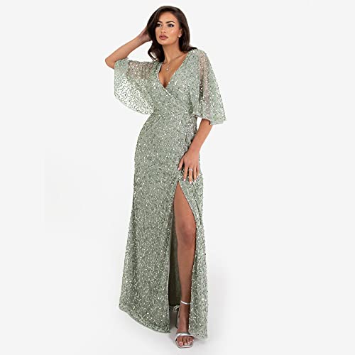 Maya Deluxe Women's Maxi Ladies Sequin Embellished Wrap A-Line Dress for Wedding Guest Bridesmaid Evening Prom Ball Occasion, Green Lily, 22