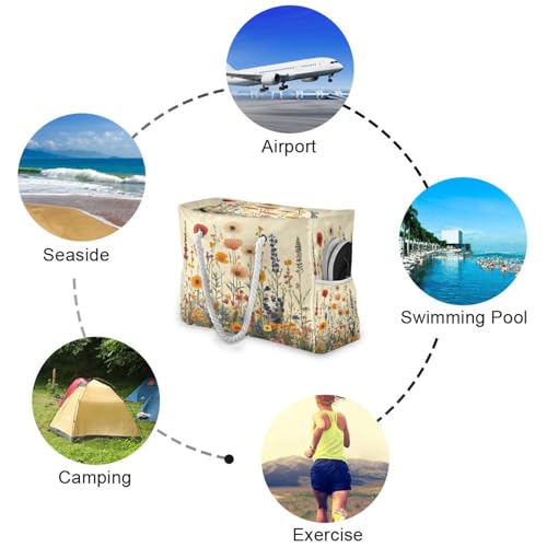 Herbal Wildflowers Beach Bag with Top Zipper Closure, Waterproof Pool Bag, Large Beach Tote for Women#3584