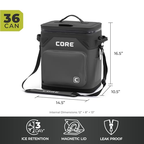 Image of CORE Magnetic Leak Proof Soft Cooler with Waterproof Zipper | Insulated Bag Portable Ice Chest Box | Best Soft Cooler for Food & Beverages for Tailgating, Car Camping, Travel, and Family Beach Picnics