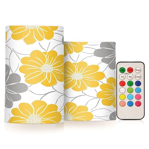 Image of Yellow Gray Flowers Flickering Flameless Candles LED Battery Operated with Remote Timer Pillar Candles for Home Birthday Wedding Christmas Decor, Set of 2
