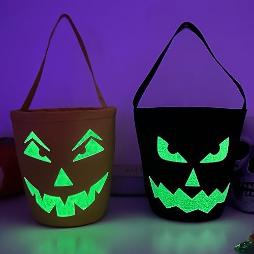 2 Pack Glowing Halloween Pumpkin Buckets - Fluorescent Trick Or Treat Candy Bags