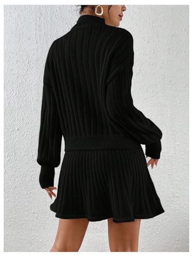 Image of MakeMeChic Women's Sweater Skirt Sets 2 Piece Outfits Ribbed Knit Mock Neck Sweater Pullovers A Line Mini Skirt Set