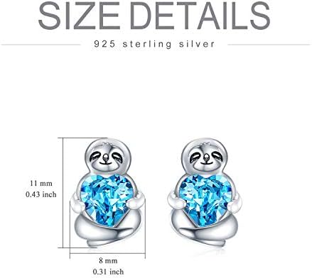 Sterling Silver Sloth Stud Earrings with Heart Crystals, Birthday Sloth Gifts for Women Girls Her