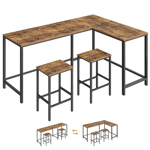 YATINEY 78.7" Bar Table and Chairs Set, L-Shaped Bar Height Table and 2 Chairs, Convertible Bar Table with Stools for Kitchen, Corner, Apartment, Easy to Assemble, Rustic Brown and Black BT14BR