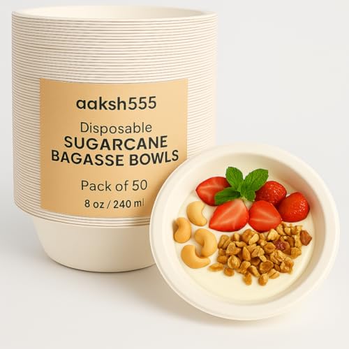 Aaksh 555 | Pack of 50 | Strong Disposable Bowls 8oz/240ml Ecofriendly [4.5 x 1.77 inches ] Strong Paper Bowls for Hot & Cold Foods Soup Desserts Salads Microwave Safe