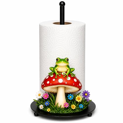 Chumia Frog and Mushroom Metal Paper Towel Holder Whimsical Rustic Paper Towel Holder Hanger Rack for Kitchen Countertop Farmhouse Countryside Home Decor Fit Standard Jumbo Rolls Cottagecore Gift