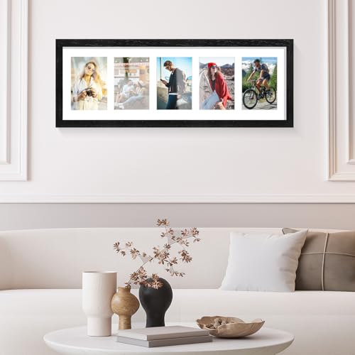 8x24 Oak Wood Picture Frame - 8x24 Photo Frame with Mat Display 5Pcs 4x6 Photos, 4x6 Picture Frame Wood, Natural Solid Wooden Picture Frames for Wall Art Photo and Prints(3 Pack, Black)
