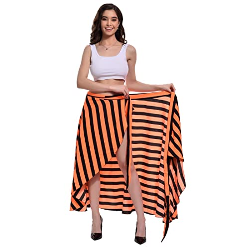 Image of Women's Long Wrap Around Maxi Skirt | Women Wear Long Skirt Color -Orange & Black Striped