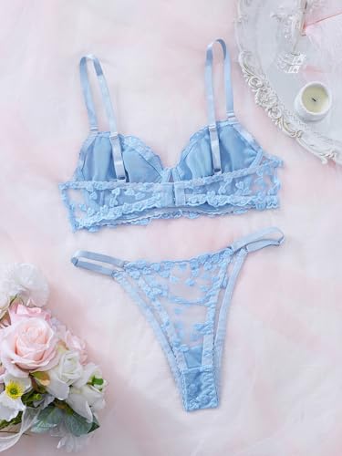 Image of Sexy Floral Embroidered Flower Mesh Underwire Push Up Lingerie Set
