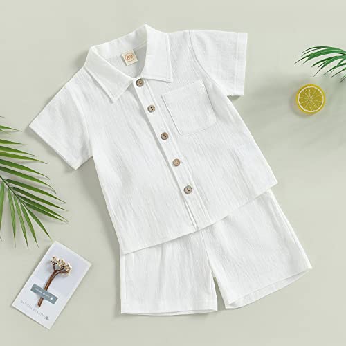 Dnomaid Yzarc Baby Boy Girl Summer Clothes Solid Cotton Linen Short Sleeve Button Up T-Shirt Elastic Shorts Set 2Pcs Outfits (White, 2-3 Years) #TOP1