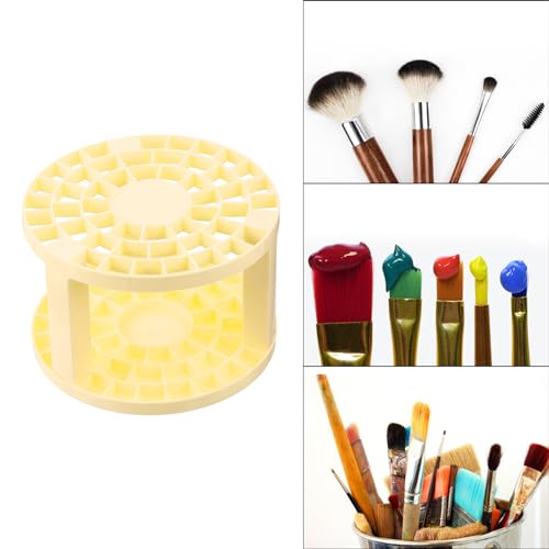 Image of PATIKIL 1pcs Paint Brush Holder, Paint Brush Storage Organizer 49 Holes Plastic Paint Storage Desk Stand Round for Artist Desk Makeup Pencil, Yellow