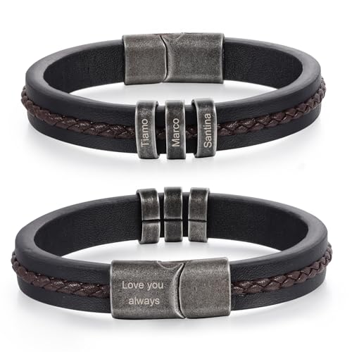 Personalized Custom Name Bracelets for Men - Mens Leather Bracelet with 2-5 Kids Names Customized Gifts for Dad Husband Son