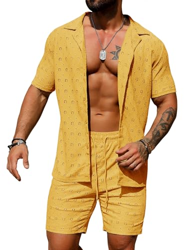 URRU Mens 2 Piece Outfits Summer Beach Set See Through Sheer Short Sleeve Flower Lace Shirts and Shorts Sets Yellow L