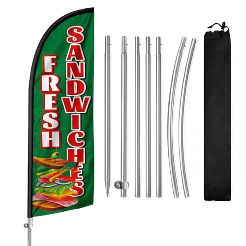 QSUM 8FT Fresh Sandwiches Feather Flag with Pole & Ground Spike, Outdoor Sandwich Shop Advertising Banner with Carry Bag, Eye-Catching Storefront Display for Deli and Cafe Promotion