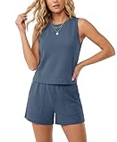 AFITNE Women’s 2 Piece Sets Summer Lounge Matching Outfits Sleeveless Tank Crop Tops and Shorts Tracksuit Travel Sweatsuits Grey Blue, M